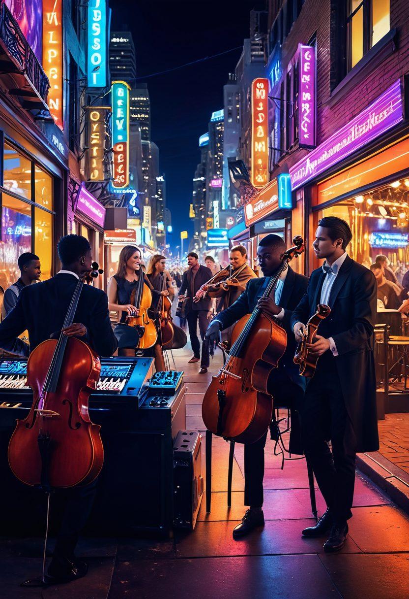 A vibrant music scene featuring diverse musicians playing various instruments, surrounded by colorful notes and sound waves. Include elements representing different genres, like a DJ booth, classical instruments, and street art. The background should be a lively cityscape with neon lights, hinting at nightlife. Capture the energy and evolution of music trends with a sense of movement. super-realistic. vibrant colors. dynamic composition.