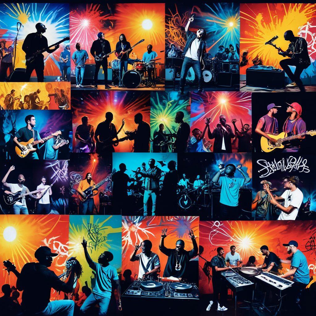 A vibrant collage of diverse emerging artists performing in underground venues, showcasing various music genres from hip-hop to indie rock. Include elements like colorful graffiti walls, intimate crowd interactions, and instruments like guitars and turntables. The scene should radiate energy and creativity, symbolizing the transition from underground to mainstream. super-realistic. vibrant colors. urban setting.