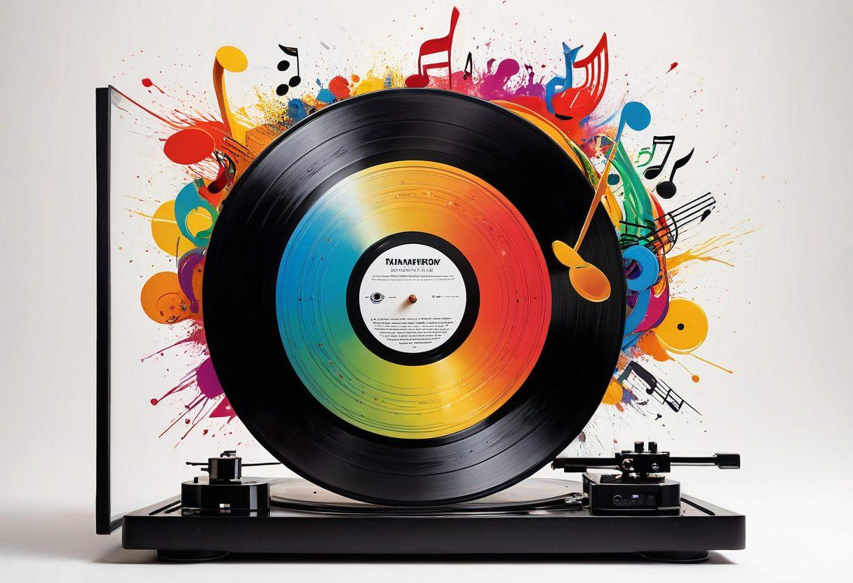 A vibrant, dynamic scene featuring a colorful vinyl record spinning on a turntable, surrounded by musical notes and abstract sound waves. Include iconic musical instruments like a guitar and saxophone in the background, intertwined with splashes of color representing different music genres. The atmosphere is lively and engaging, inviting the viewer into a world of rhythm and culture. super-realistic. vibrant colors. white background.